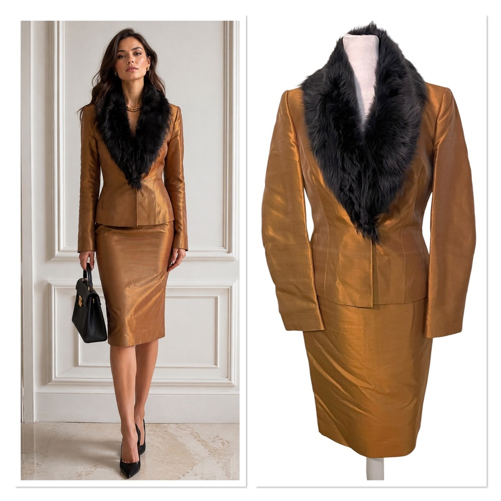 Vtg Luca Luca 3pc Silk Shantung Skirt Suit Set Copper Faux Fur Collar Hollywood‎